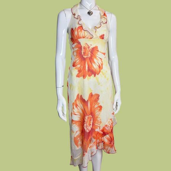 Unknown Dresses & Skirts - Vintage 90s Y2K Orange Floral Asymmetrical Midi Dress